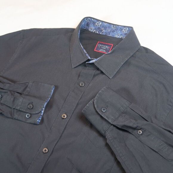 Untuckit Mens Shirt Large Button Up Flip Cuff Black Long Sleeve Preppy Collared - Picture 1 of 6